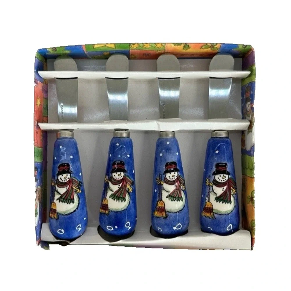 Sango Christmas Snowman‎ Cheese Spreader Knives Stainless Sue Zipkin Set of 4